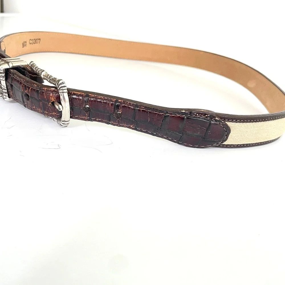 Brighton Womens Brown Croc Embossed Leather Canvas Belt Silver Buckle Size 32